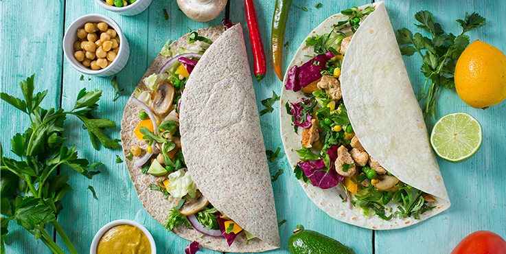 Chicken and vegetables in wholemeal wraps
