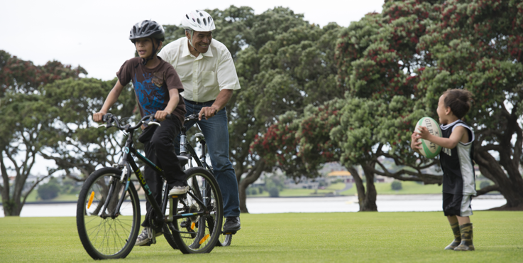 family on bikes in park