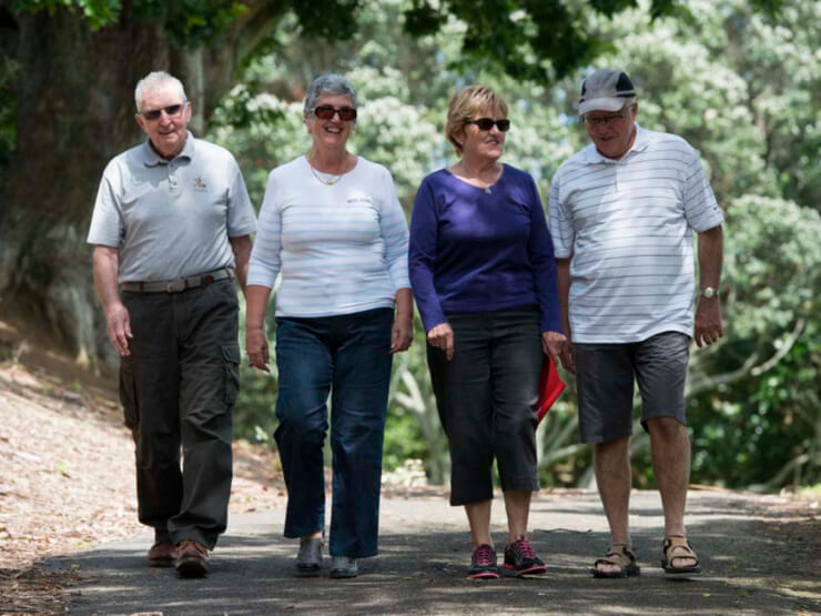 A group of retired people walk on a woodland trail.