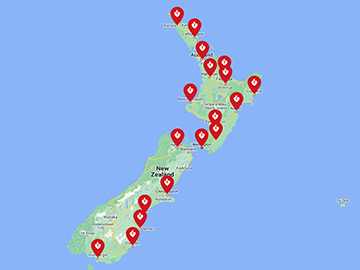 Map of New Zealand with the locations of each Heart Foundation branch